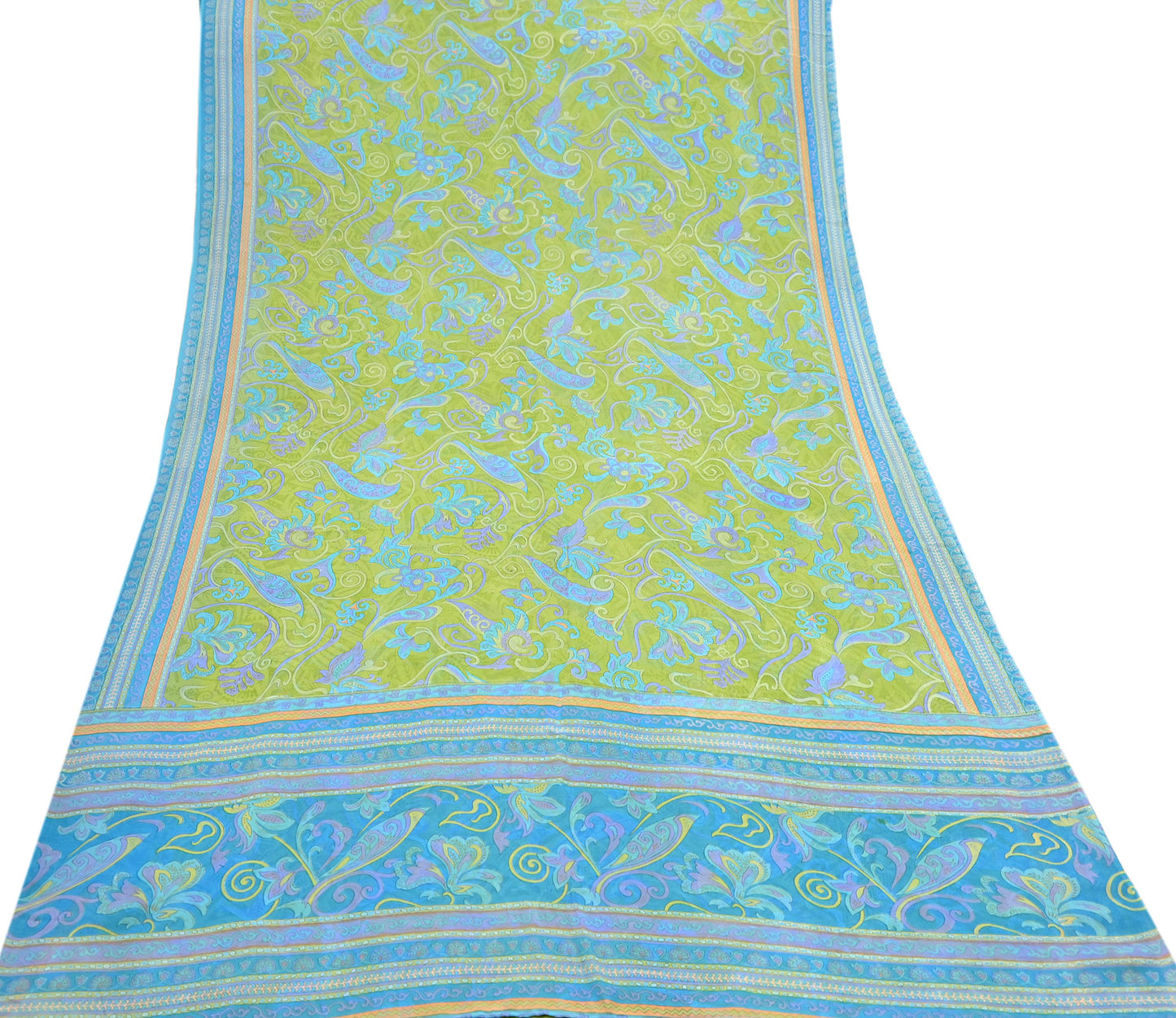 Indian Vintage Sari Blue & Green 100% Pure Georgette Silk Printed Sarees Sewing 6yd Craft Soft Dress Designing for Crafting Abstract