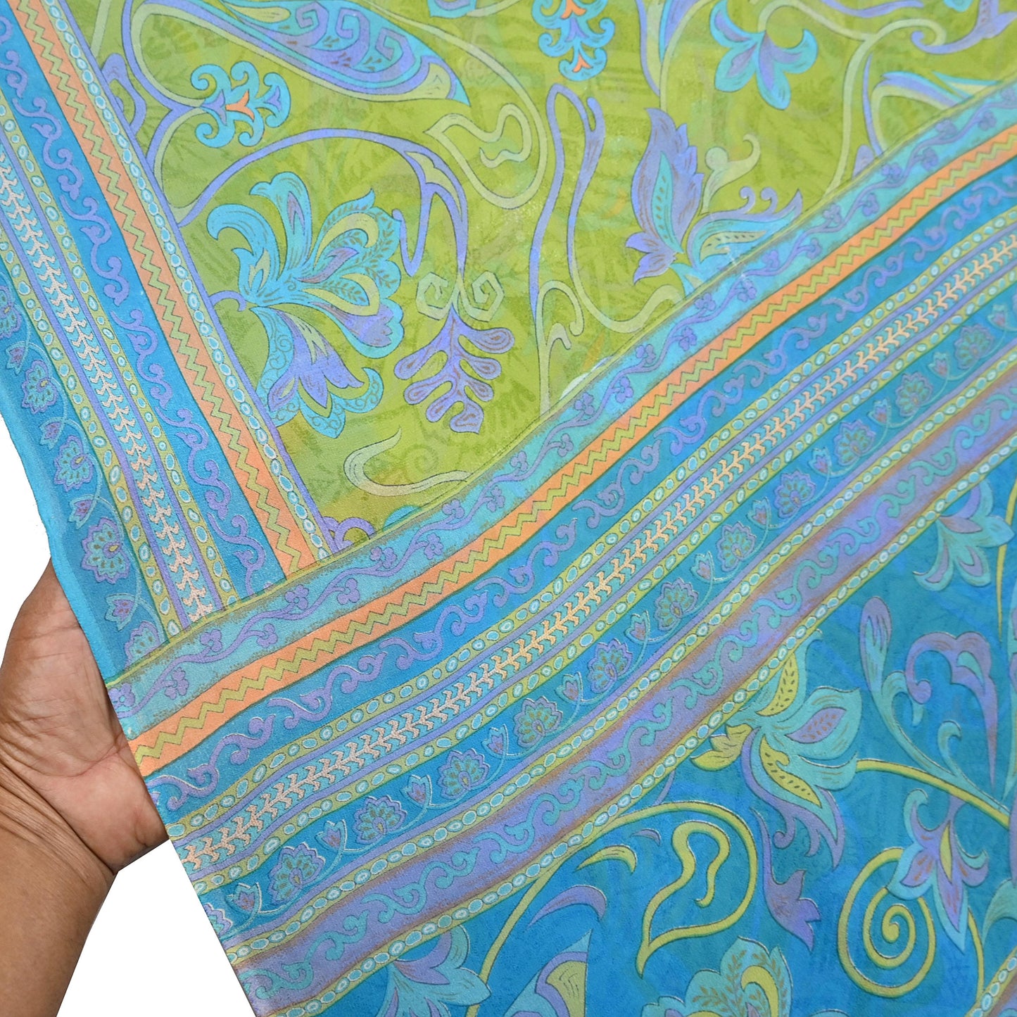 Indian Vintage Sari Blue & Green 100% Pure Georgette Silk Printed Sarees Sewing 6yd Craft Soft Dress Designing for Crafting Abstract