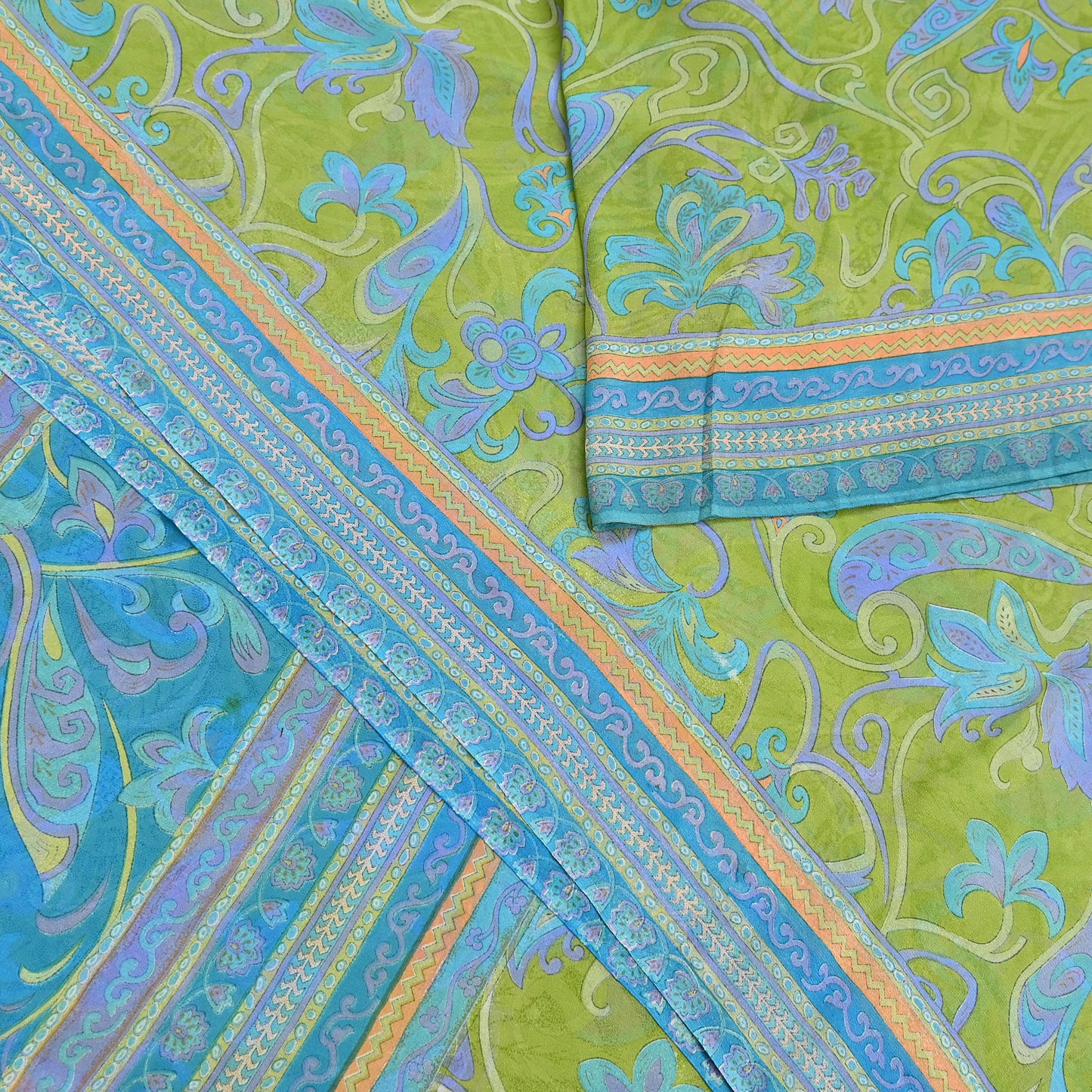 Indian Vintage Sari Blue & Green 100% Pure Georgette Silk Printed Sarees Sewing 6yd Craft Soft Dress Designing for Crafting Abstract