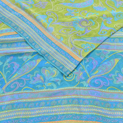 Indian Vintage Sari Blue & Green 100% Pure Georgette Silk Printed Sarees Sewing 6yd Craft Soft Dress Designing for Crafting Abstract