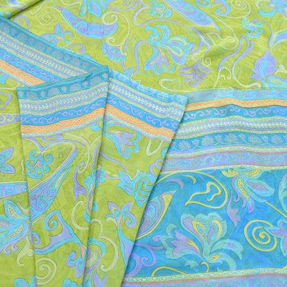 Indian Vintage Sari Blue & Green 100% Pure Georgette Silk Printed Sarees Sewing 6yd Craft Soft Dress Designing for Crafting Abstract