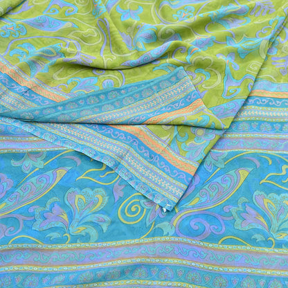 Indian Vintage Sari Blue & Green 100% Pure Georgette Silk Printed Sarees Sewing 6yd Craft Soft Dress Designing for Crafting Abstract