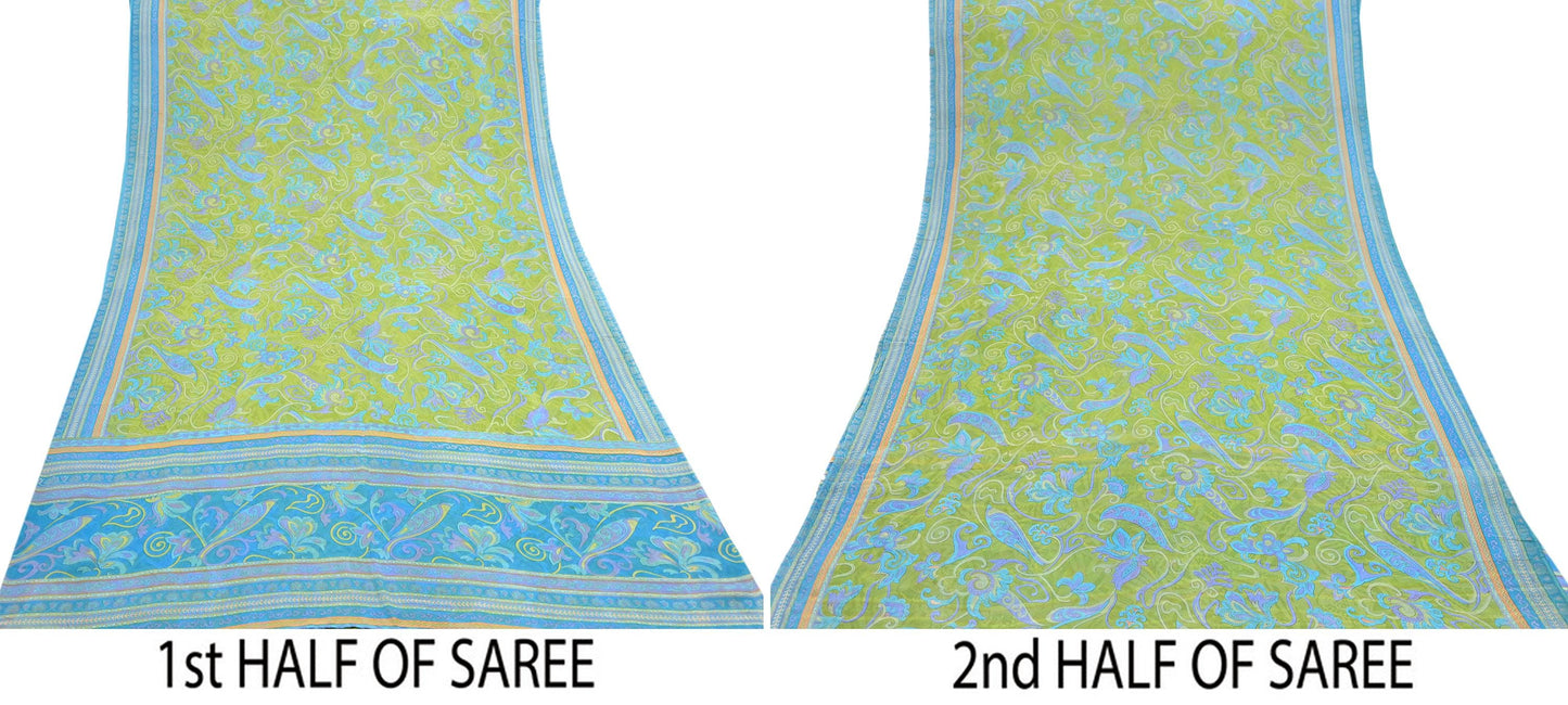 Indian Vintage Sari Blue & Green 100% Pure Georgette Silk Printed Sarees Sewing 6yd Craft Soft Dress Designing for Crafting Abstract