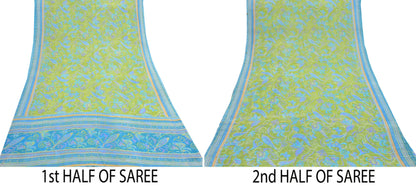 Indian Vintage Sari Blue & Green 100% Pure Georgette Silk Printed Sarees Sewing 6yd Craft Soft Dress Designing for Crafting Abstract