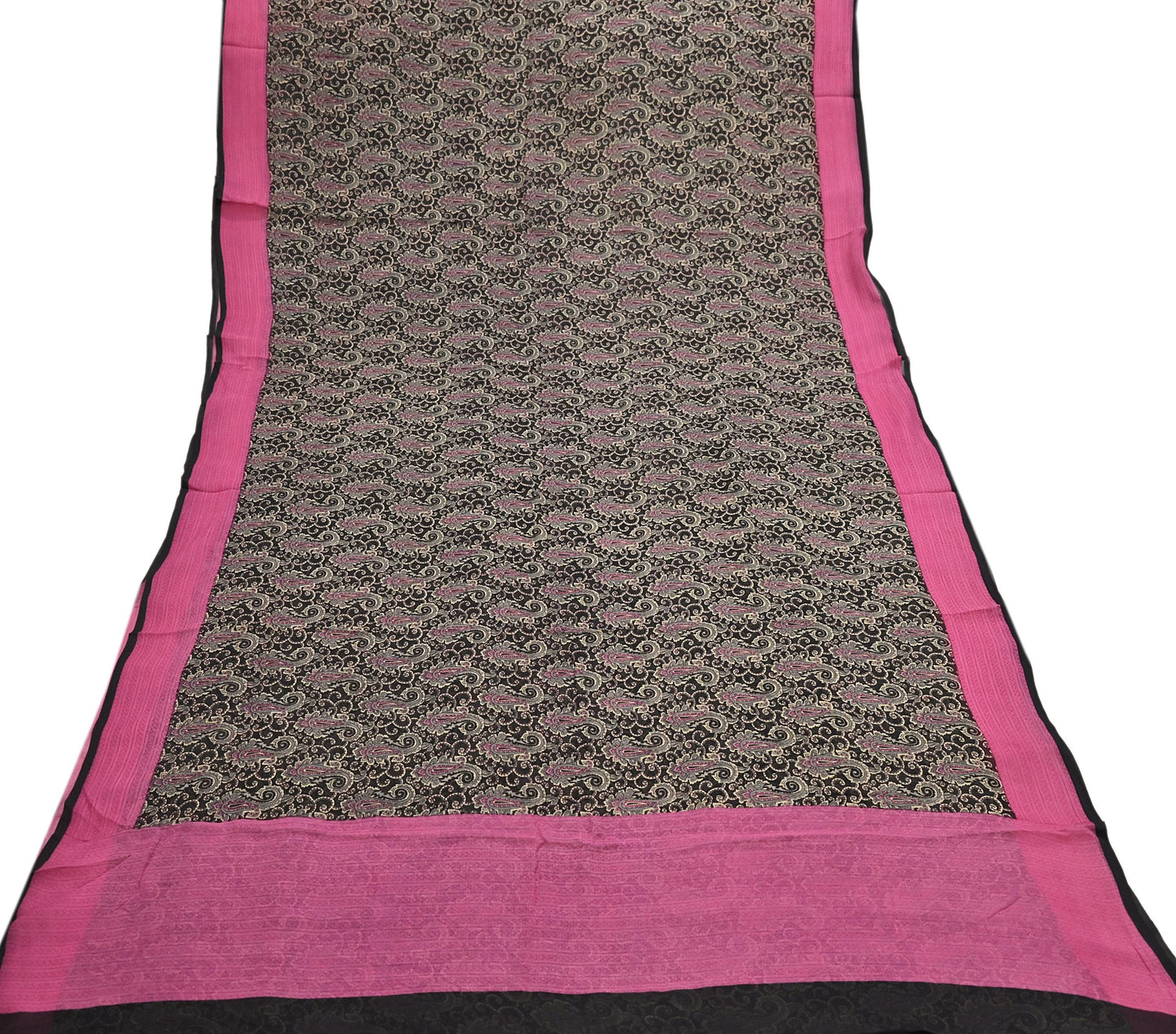 Indian Vintage Sari Black & pink Pure Chiffon Silk Printed Sarees Craft Fabric Sewing 5Yd Soft Light Sari Dress Making Quilting Upcycle