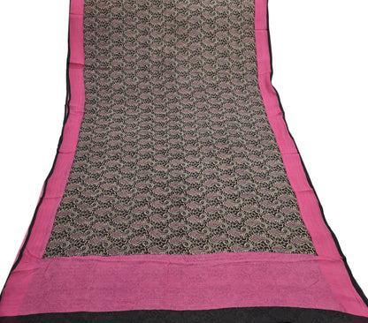 Indian Vintage Sari Black & pink Pure Chiffon Silk Printed Sarees Craft Fabric Sewing 5Yd Soft Light Sari Dress Making Quilting Upcycle