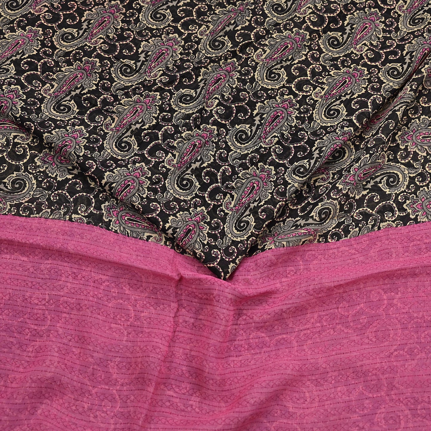 Indian Vintage Sari Black & pink Pure Chiffon Silk Printed Sarees Craft Fabric Sewing 5Yd Soft Light Sari Dress Making Quilting Upcycle