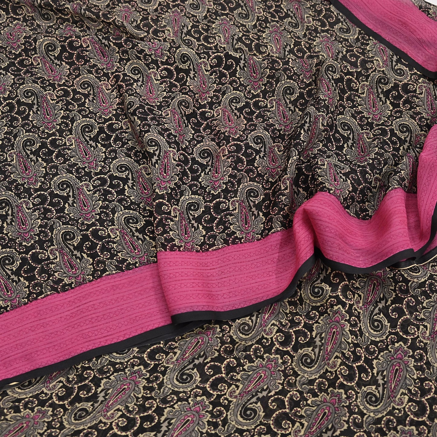 Indian Vintage Sari Black & pink Pure Chiffon Silk Printed Sarees Craft Fabric Sewing 5Yd Soft Light Sari Dress Making Quilting Upcycle