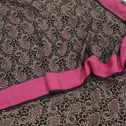 Indian Vintage Sari Black & pink Pure Chiffon Silk Printed Sarees Craft Fabric Sewing 5Yd Soft Light Sari Dress Making Quilting Upcycle