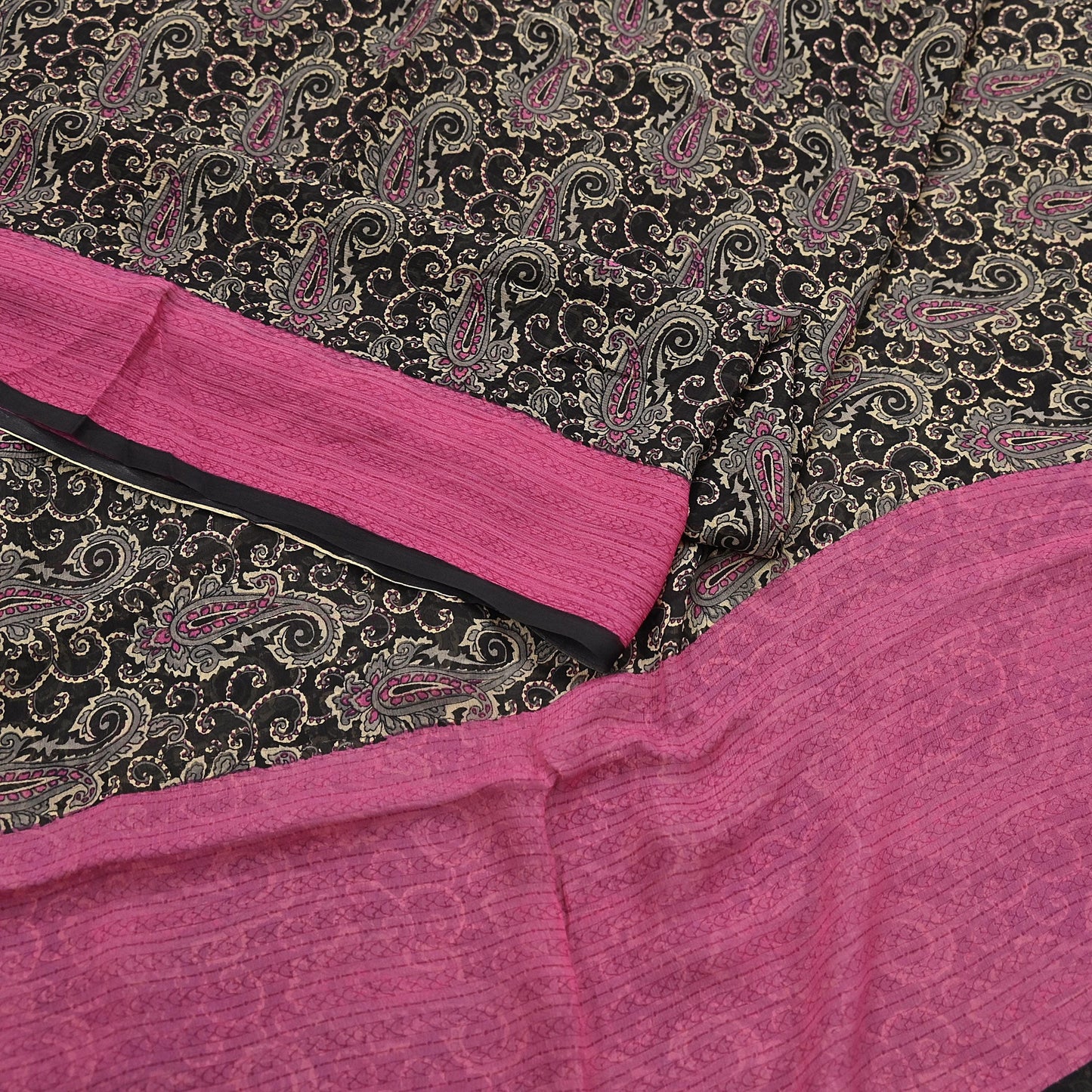 Indian Vintage Sari Black & pink Pure Chiffon Silk Printed Sarees Craft Fabric Sewing 5Yd Soft Light Sari Dress Making Quilting Upcycle