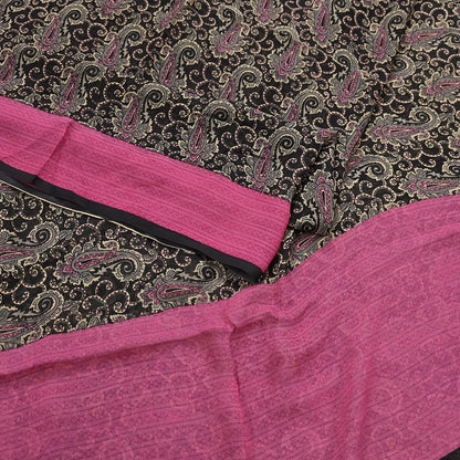 Indian Vintage Sari Black & pink Pure Chiffon Silk Printed Sarees Craft Fabric Sewing 5Yd Soft Light Sari Dress Making Quilting Upcycle