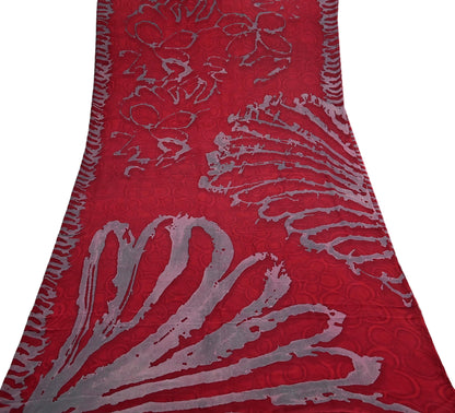Indian Vintage Sari Red & Gray Pure Georgette Silk Printed Sarees Craft Fabric Sewing 5Yd Soft Dress Making Crafting Quilting Upcycle