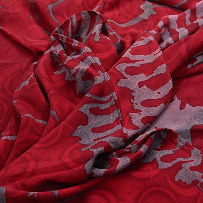 Indian Vintage Sari Red & Gray Pure Georgette Silk Printed Sarees Craft Fabric Sewing 5Yd Soft Dress Making Crafting Quilting Upcycle