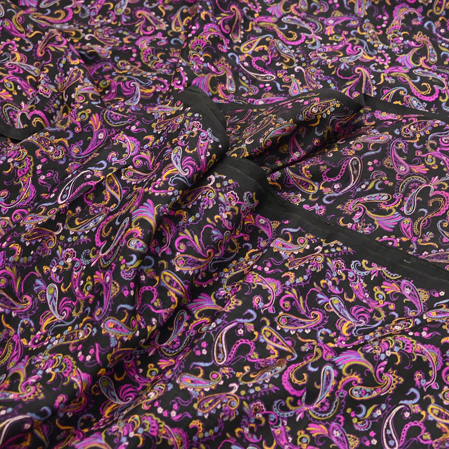 Vintage Sari Black Pure Silk Printed Saree Craft Fabric 5yard Sewing Floral Soft Dress Designing for Crafting Upcycle Quilting