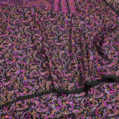Vintage Sari Black Pure Silk Printed Saree Craft Fabric 5yard Sewing Floral Soft Dress Designing for Crafting Upcycle Quilting