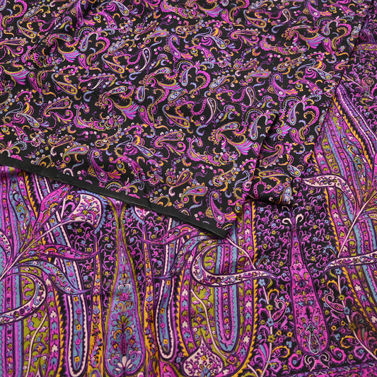 Vintage Sari Black Pure Silk Printed Saree Craft Fabric 5yard Sewing Floral Soft Dress Designing for Crafting Upcycle Quilting