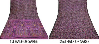 Vintage Sari Black Pure Silk Printed Saree Craft Fabric 5yard Sewing Floral Soft Dress Designing for Crafting Upcycle Quilting