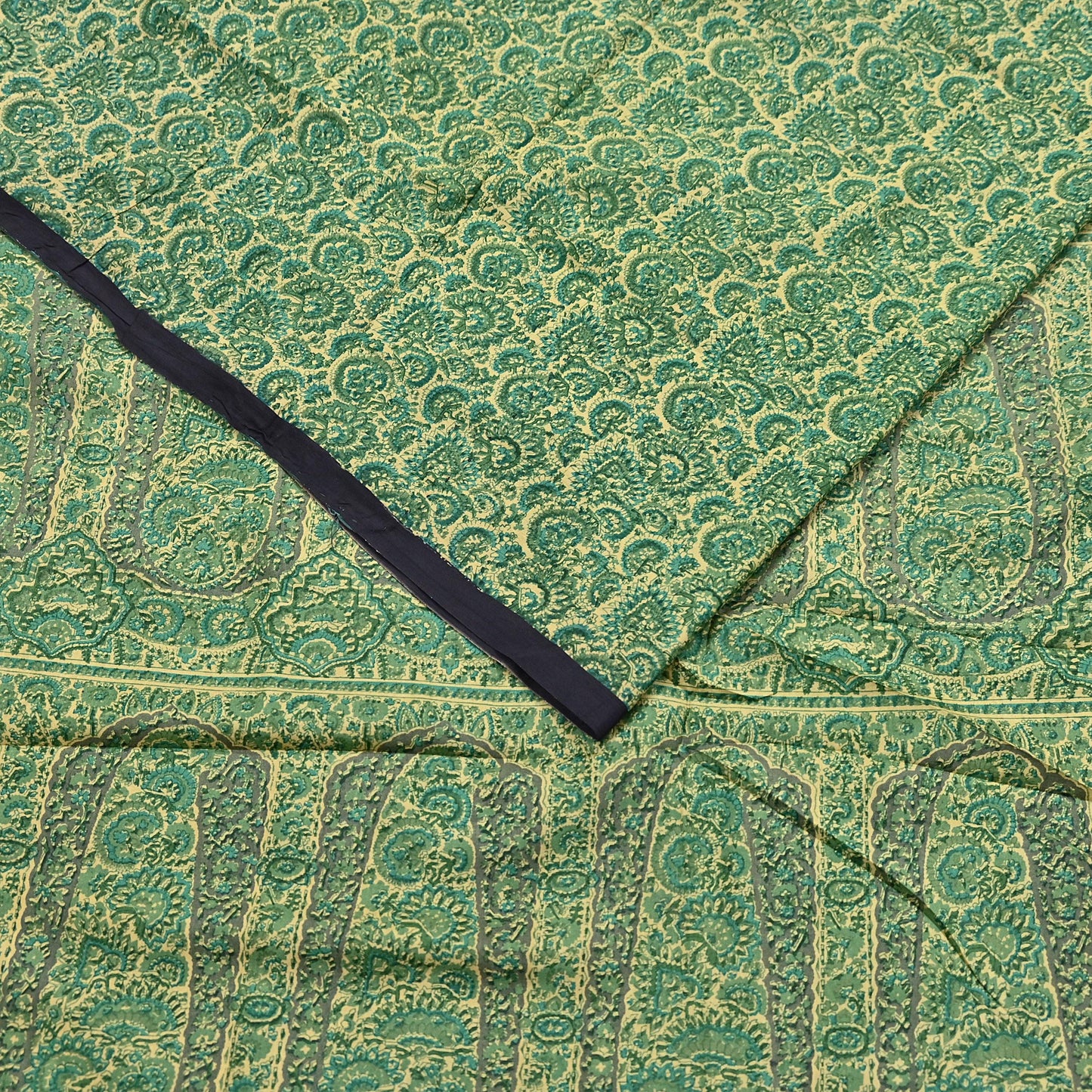 Indian Vintage Beige & Green Saree Pure Silk Printed Sari 6yd Sewing Craft Fabric Dress Making Soft Crafting Quilting Quilting Upcycle