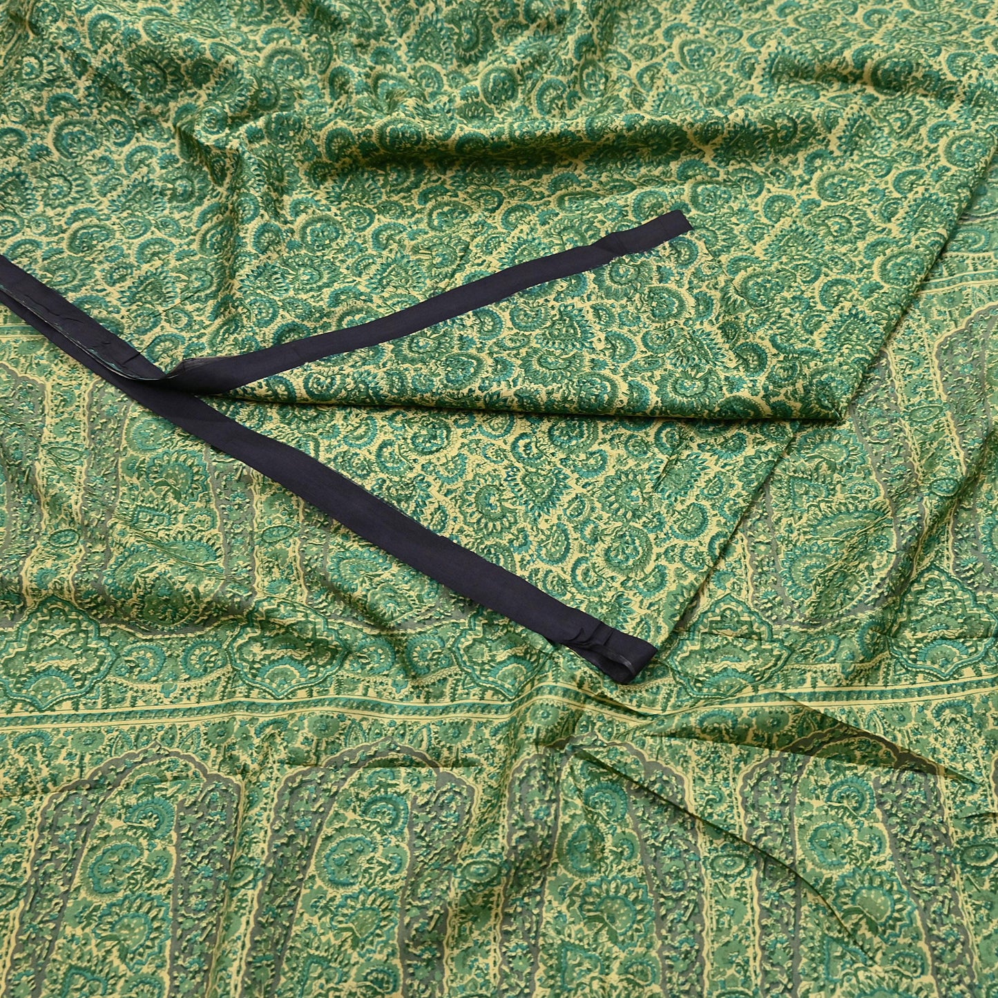 Indian Vintage Beige & Green Saree Pure Silk Printed Sari 6yd Sewing Craft Fabric Dress Making Soft Crafting Quilting Quilting Upcycle