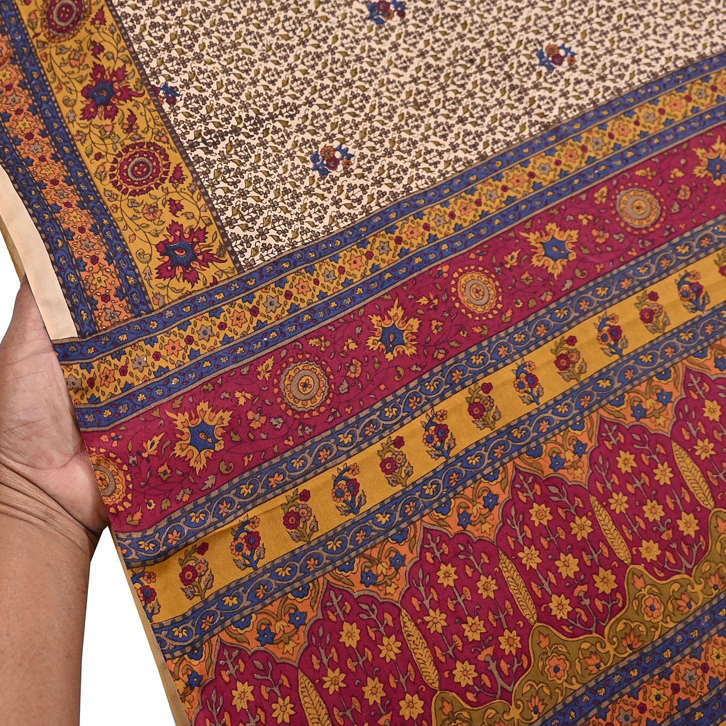 Indian Vintage Sari Beige Pure Silk Printed Saree 5yd Sewing Craft Fabric DressMaking Soft Used Upcycled