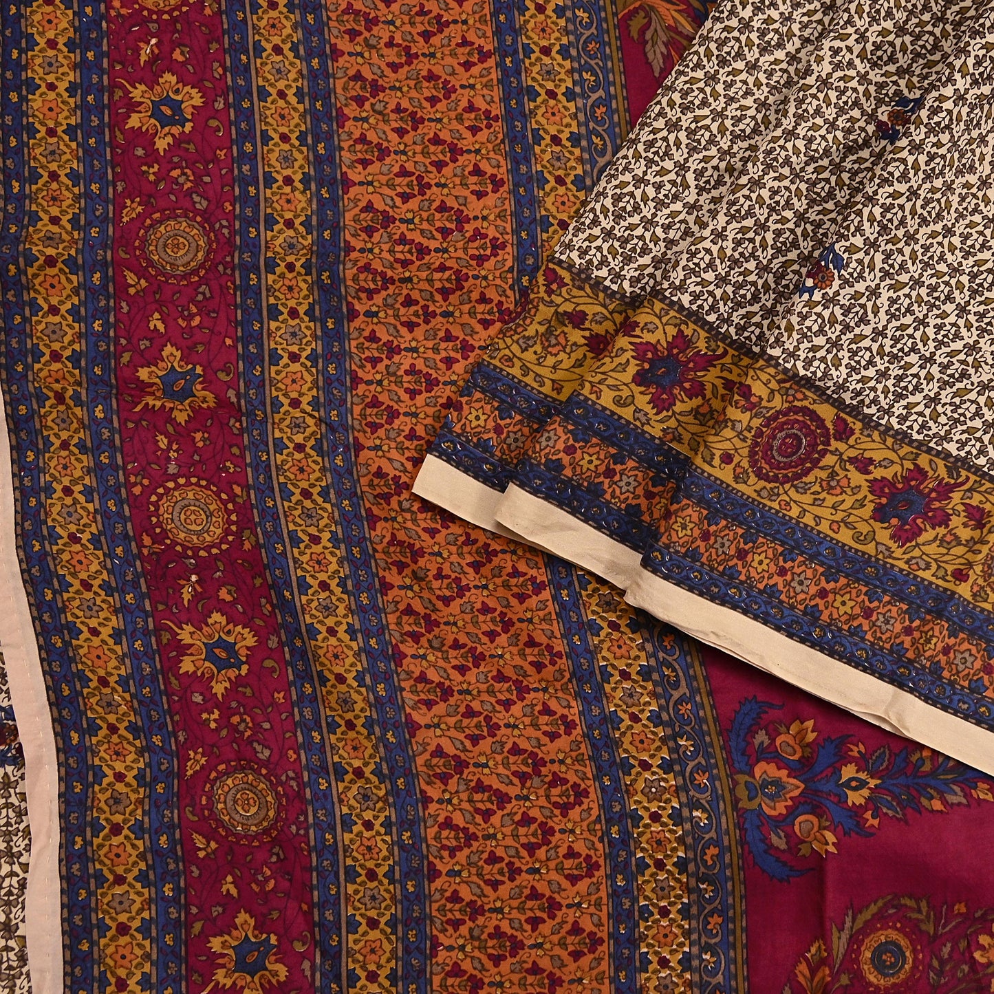 Indian Vintage Sari Beige Pure Silk Printed Saree 5yd Sewing Craft Fabric DressMaking Soft Used Upcycled