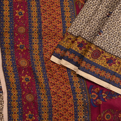 Indian Vintage Sari Beige Pure Silk Printed Saree 5yd Sewing Craft Fabric DressMaking Soft Used Upcycled