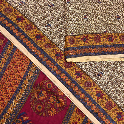 Indian Vintage Sari Beige Pure Silk Printed Saree 5yd Sewing Craft Fabric DressMaking Soft Used Upcycled