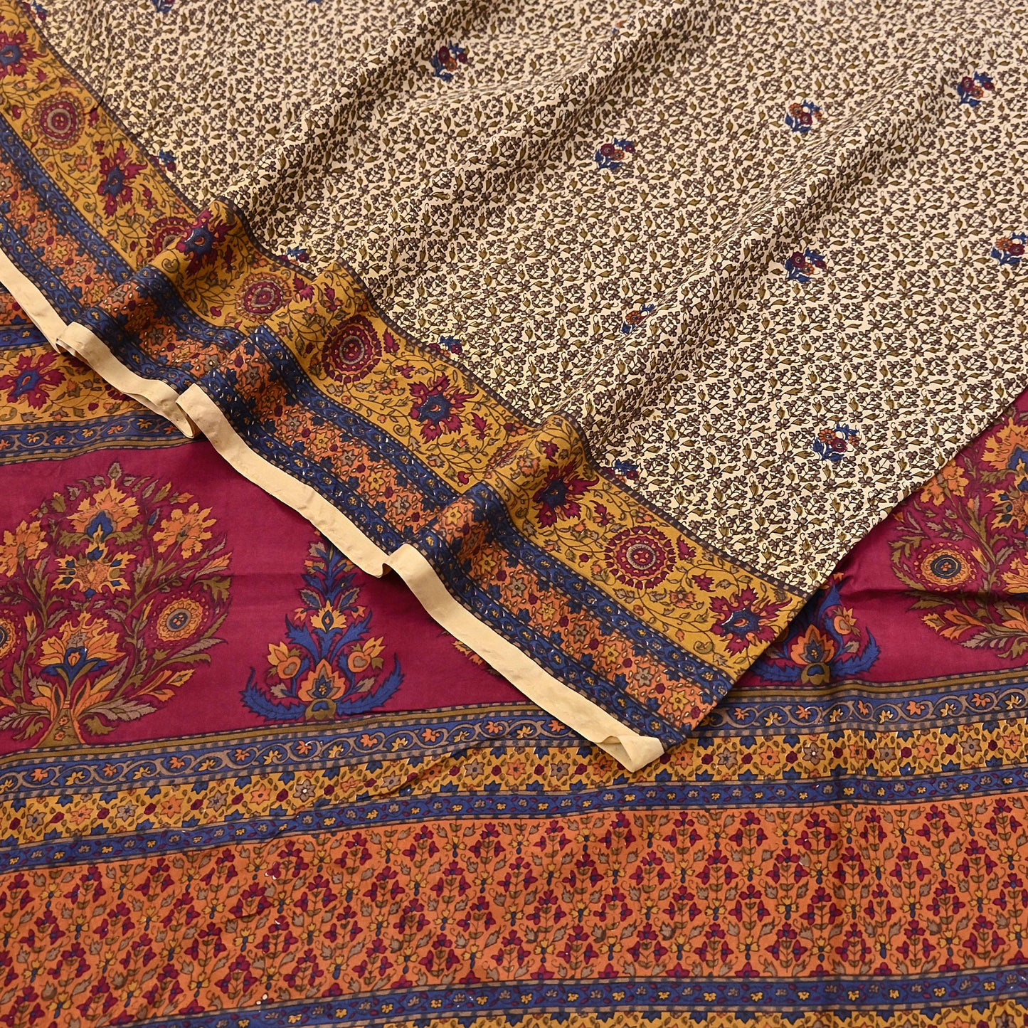 Indian Vintage Sari Beige Pure Silk Printed Saree 5yd Sewing Craft Fabric DressMaking Soft Used Upcycled