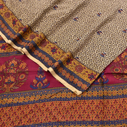 Indian Vintage Sari Beige Pure Silk Printed Saree 5yd Sewing Craft Fabric DressMaking Soft Used Upcycled