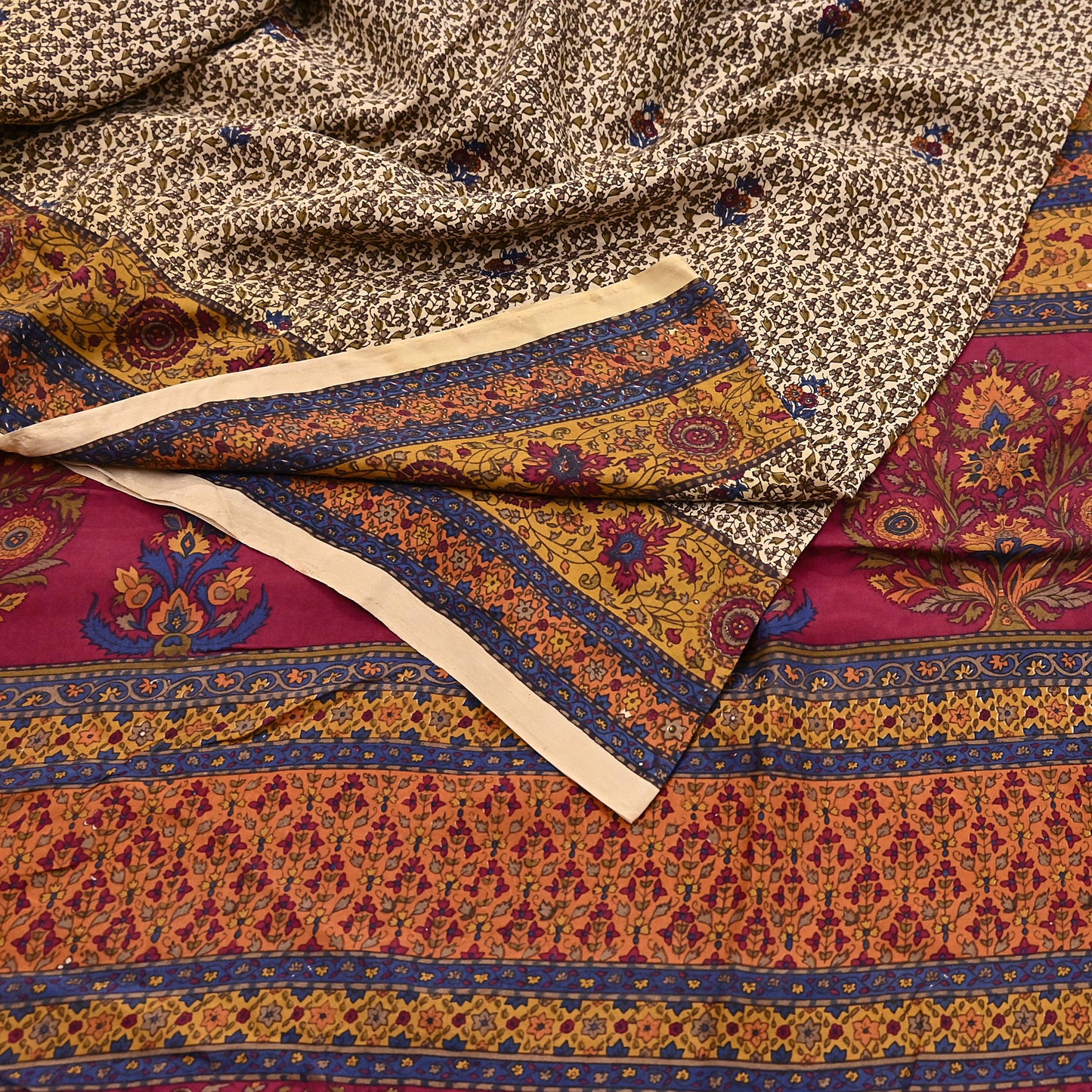 Indian Vintage Sari Beige Pure Silk Printed Saree 5yd Sewing Craft Fabric DressMaking Soft Used Upcycled