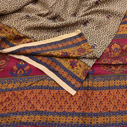 Indian Vintage Sari Beige Pure Silk Printed Saree 5yd Sewing Craft Fabric DressMaking Soft Used Upcycled