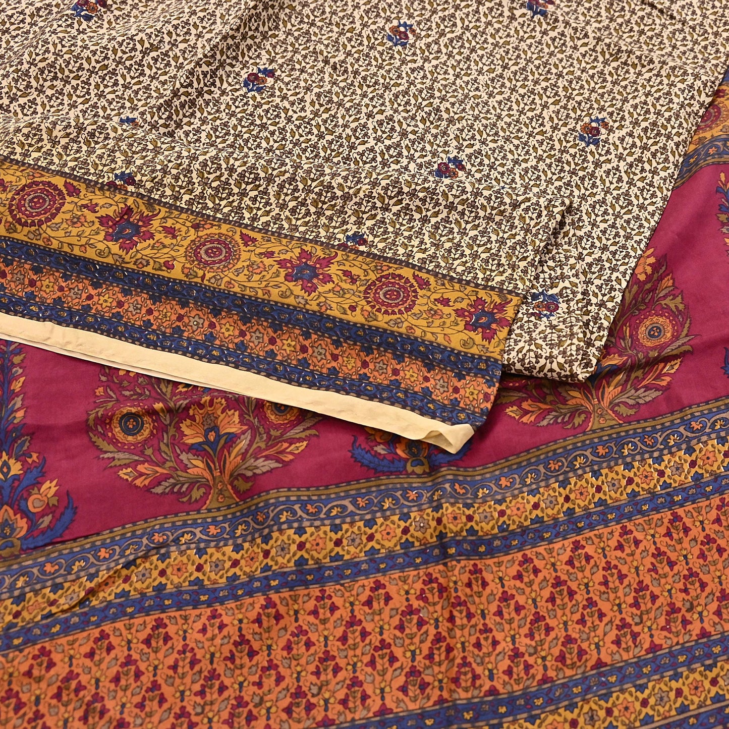 Indian Vintage Sari Beige Pure Silk Printed Saree 5yd Sewing Craft Fabric DressMaking Soft Used Upcycled