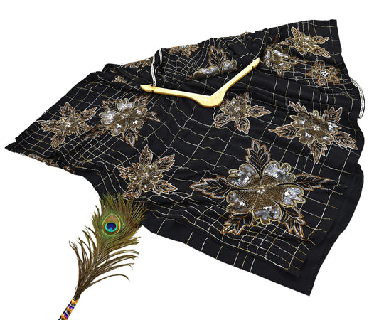 Indian Vintage Black Saree Pure Crepe Silk Hand Embroidered Sari Fabric 5Yd Sewing Soft Zardozi/Dabka Dress making Dress Designing Crafting