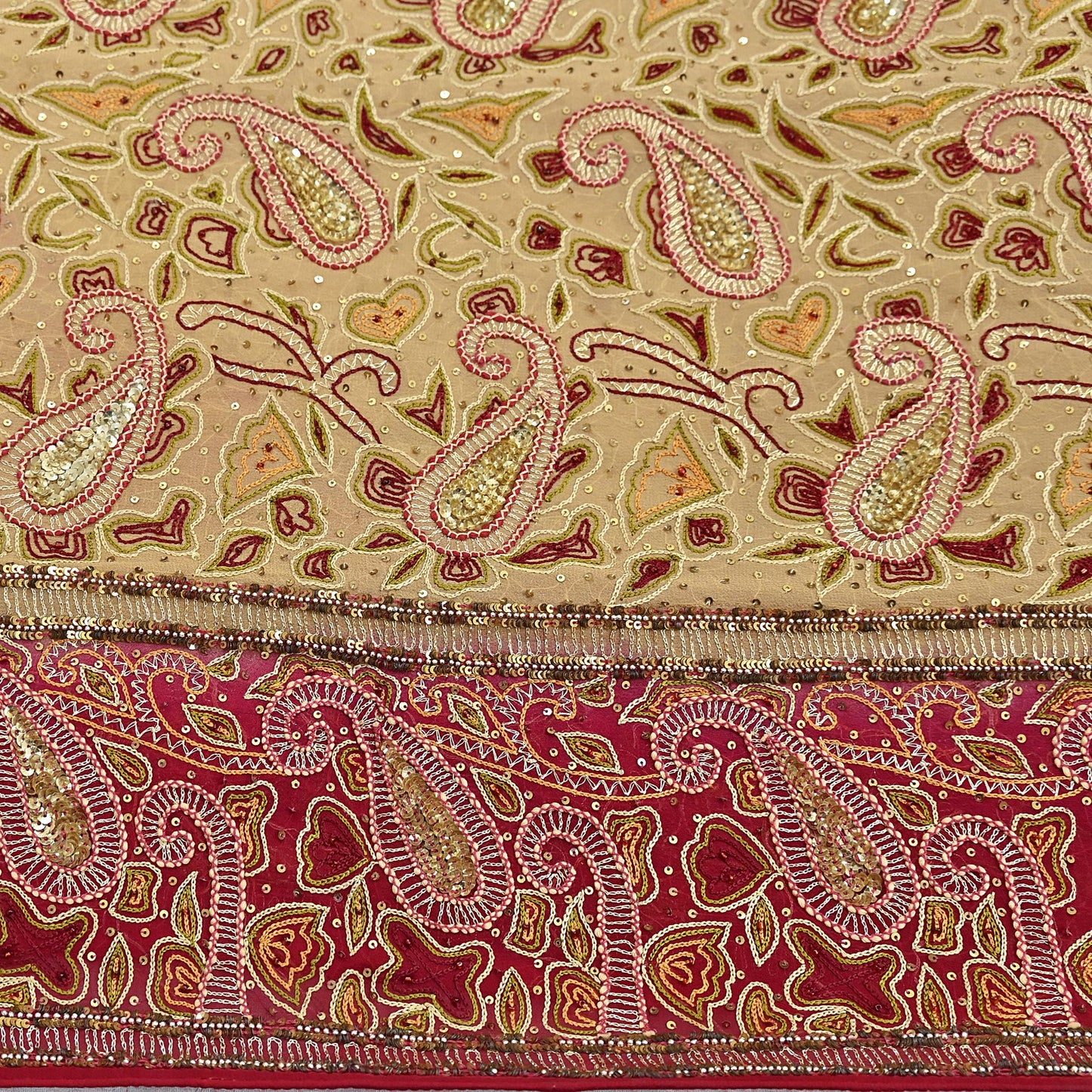 Indian Pre-owned Heavy Sari Beige & Red Pure Georgette Silk Hand Embroidered Sarees Designer Abu Jani 5Yd Sewing Ethnic Sarees
