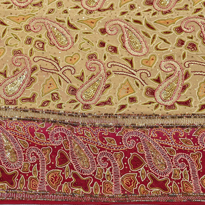 Indian Pre-owned Heavy Sari Beige & Red Pure Georgette Silk Hand Embroidered Sarees Designer Abu Jani 5Yd Sewing Ethnic Sarees
