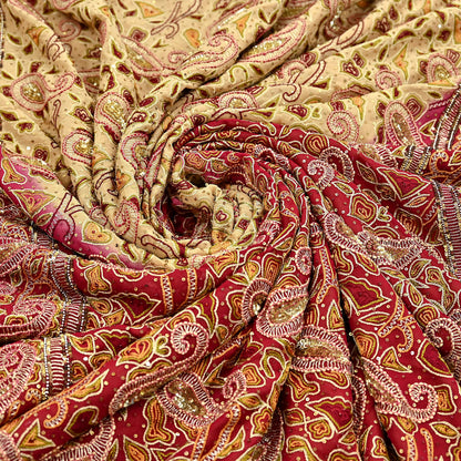 Indian Pre-owned Heavy Sari Beige & Red Pure Georgette Silk Hand Embroidered Sarees Designer Abu Jani 5Yd Sewing Ethnic Sarees