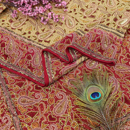 Indian Pre-owned Heavy Sari Beige & Red Pure Georgette Silk Hand Embroidered Sarees Designer Abu Jani 5Yd Sewing Ethnic Sarees
