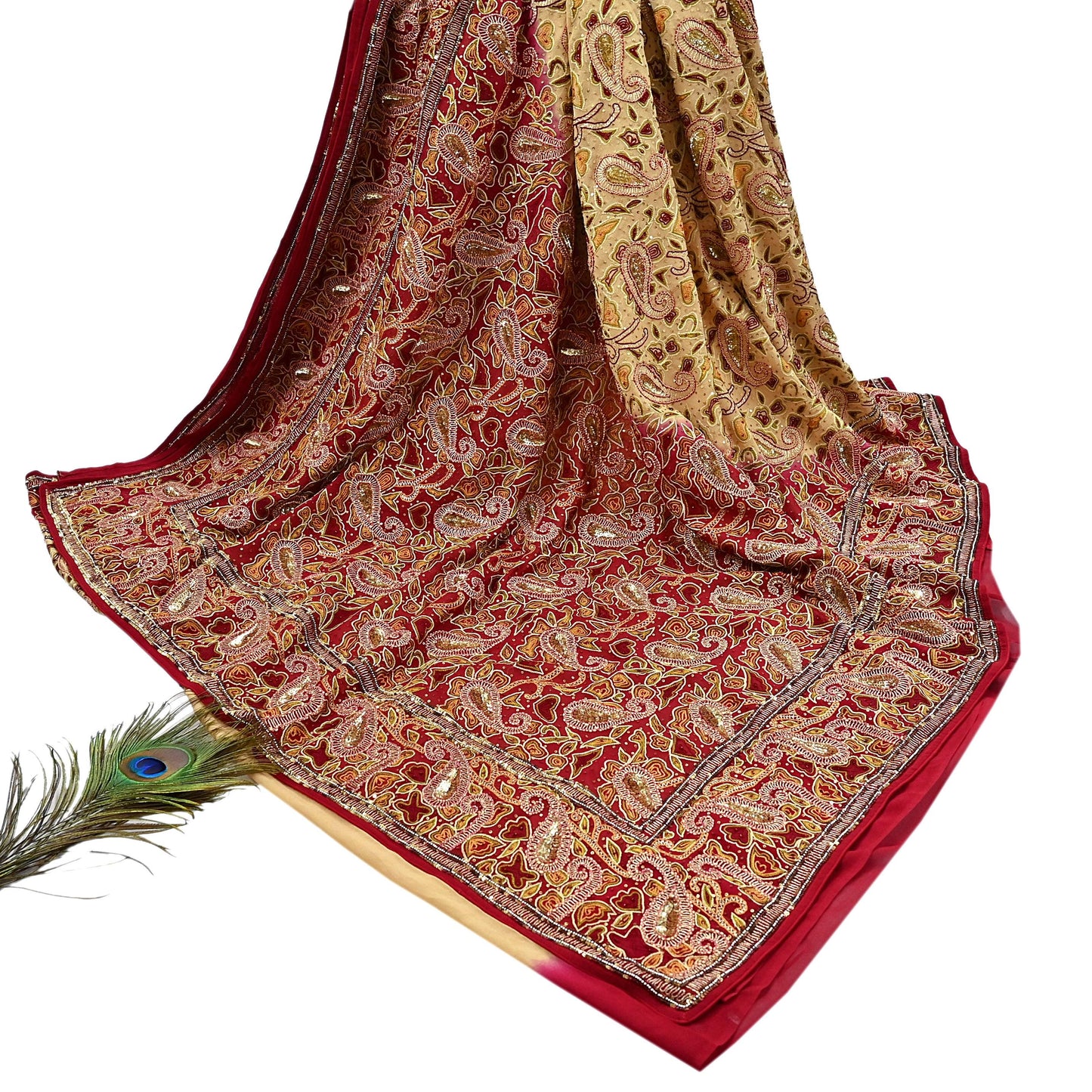 Indian Pre-owned Heavy Sari Beige & Red Pure Georgette Silk Hand Embroidered Sarees Designer Abu Jani 5Yd Sewing Ethnic Sarees