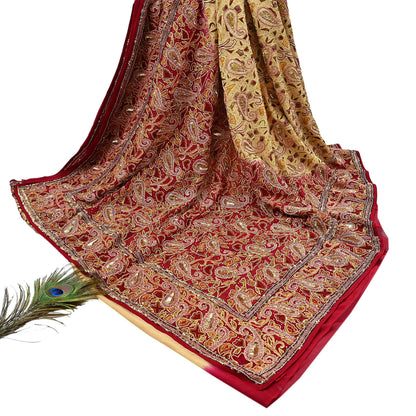 Indian Pre-owned Heavy Sari Beige & Red Pure Georgette Silk Hand Embroidered Sarees Designer Abu Jani 5Yd Sewing Ethnic Sarees