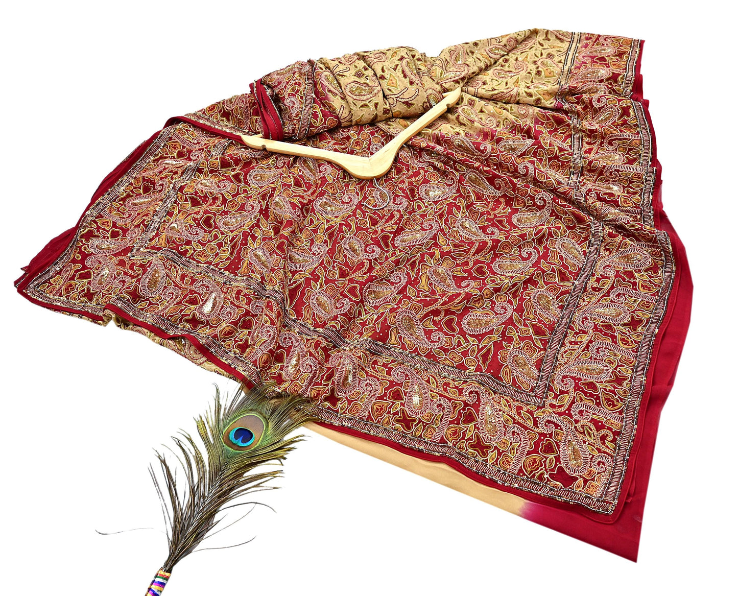 Indian Pre-owned Heavy Sari Beige & Red Pure Georgette Silk Hand Embroidered Sarees Designer Abu Jani 5Yd Sewing Ethnic Sarees