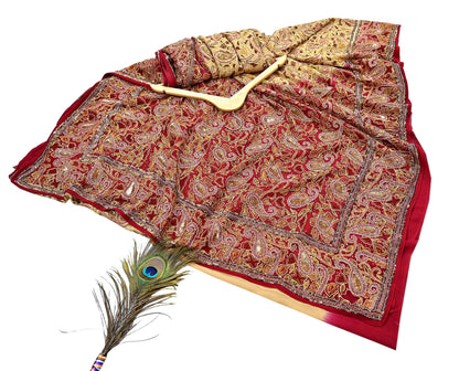 Indian Pre-owned Heavy Sari Beige & Red Pure Georgette Silk Hand Embroidered Sarees Designer Abu Jani 5Yd Sewing Ethnic Sarees