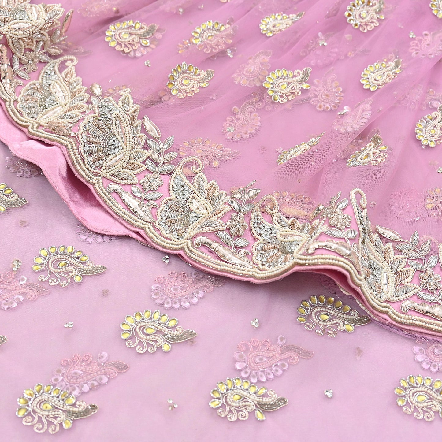 Indian Pre-owned Sari Pink Net/Mesh Hand Embroidered Anamika Khanna Designer Sarees Ethnic 6Yd Sewing  Zardozi/Dabka Zari Wedding Sarees