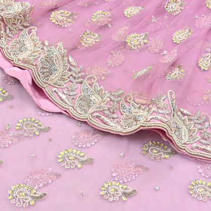 Indian Pre-owned Sari Pink Net/Mesh Hand Embroidered Anamika Khanna Designer Sarees Ethnic 6Yd Sewing  Zardozi/Dabka Zari Wedding Sarees