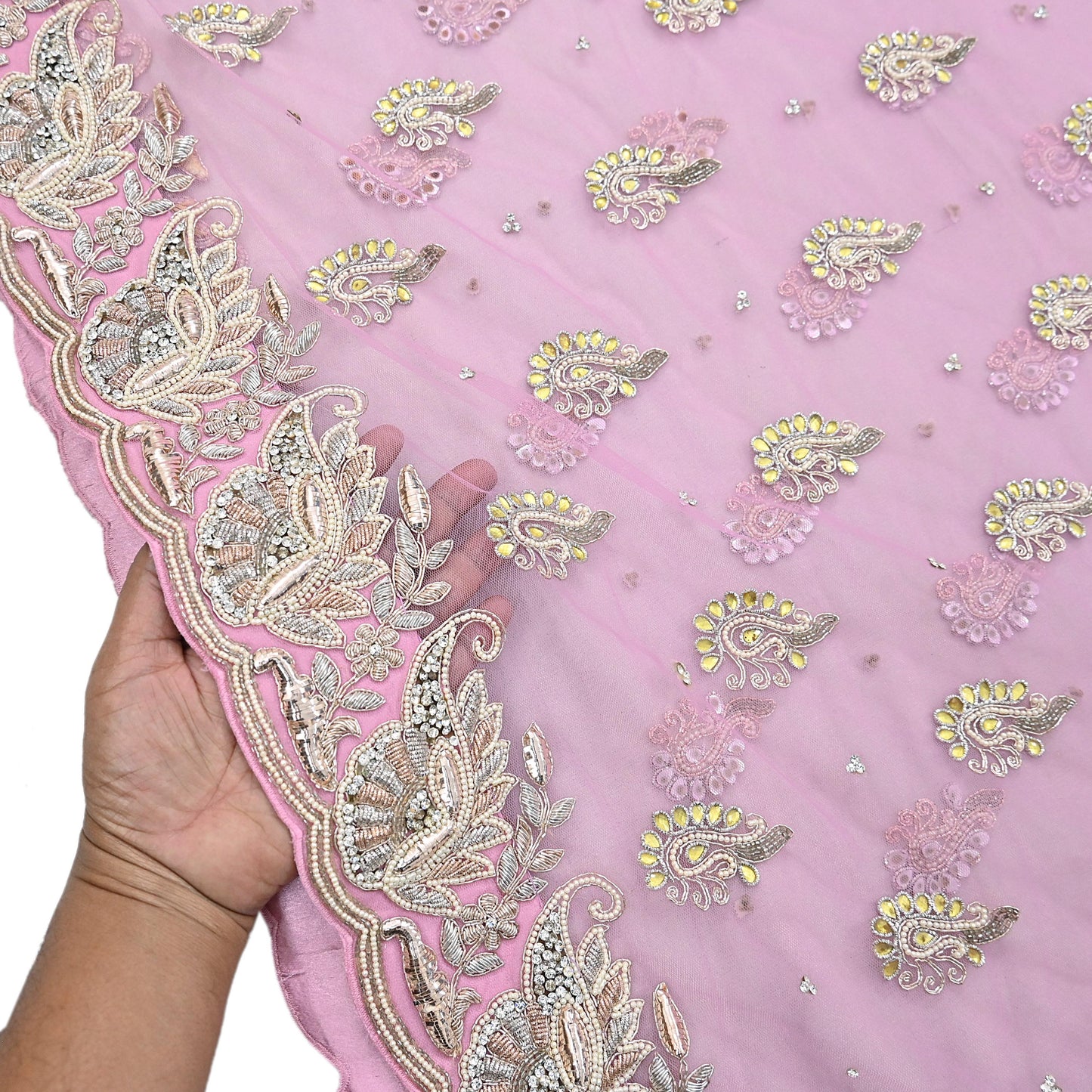 Indian Pre-owned Sari Pink Net/Mesh Hand Embroidered Anamika Khanna Designer Sarees Ethnic 6Yd Sewing  Zardozi/Dabka Zari Wedding Sarees