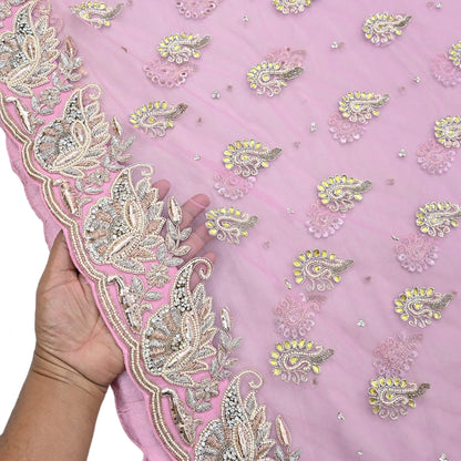 Indian Pre-owned Sari Pink Net/Mesh Hand Embroidered Anamika Khanna Designer Sarees Ethnic 6Yd Sewing  Zardozi/Dabka Zari Wedding Sarees