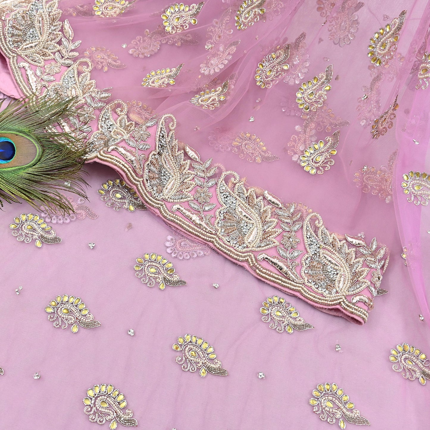 Indian Pre-owned Sari Pink Net/Mesh Hand Embroidered Anamika Khanna Designer Sarees Ethnic 6Yd Sewing  Zardozi/Dabka Zari Wedding Sarees