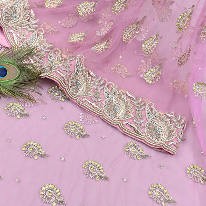 Indian Pre-owned Sari Pink Net/Mesh Hand Embroidered Anamika Khanna Designer Sarees Ethnic 6Yd Sewing  Zardozi/Dabka Zari Wedding Sarees