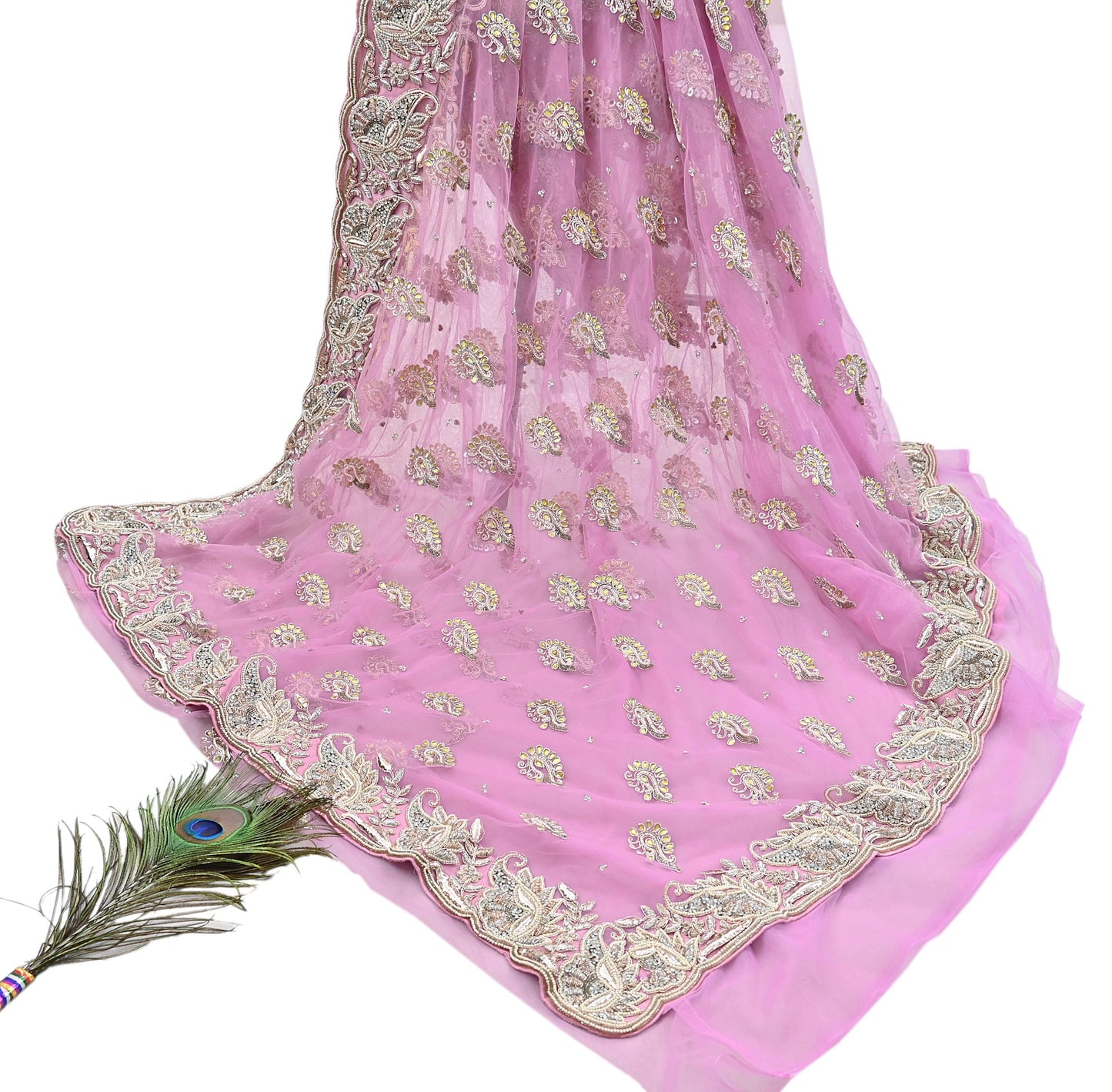 Indian Pre-owned Sari Pink Net/Mesh Hand Embroidered Anamika Khanna Designer Sarees Ethnic 6Yd Sewing  Zardozi/Dabka Zari Wedding Sarees