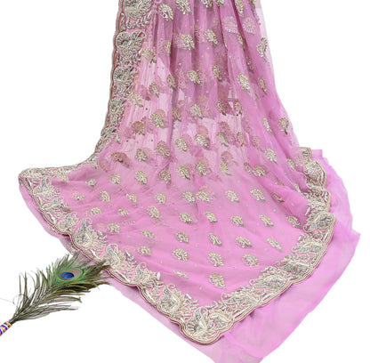 Indian Pre-owned Sari Pink Net/Mesh Hand Embroidered Anamika Khanna Designer Sarees Ethnic 6Yd Sewing  Zardozi/Dabka Zari Wedding Sarees