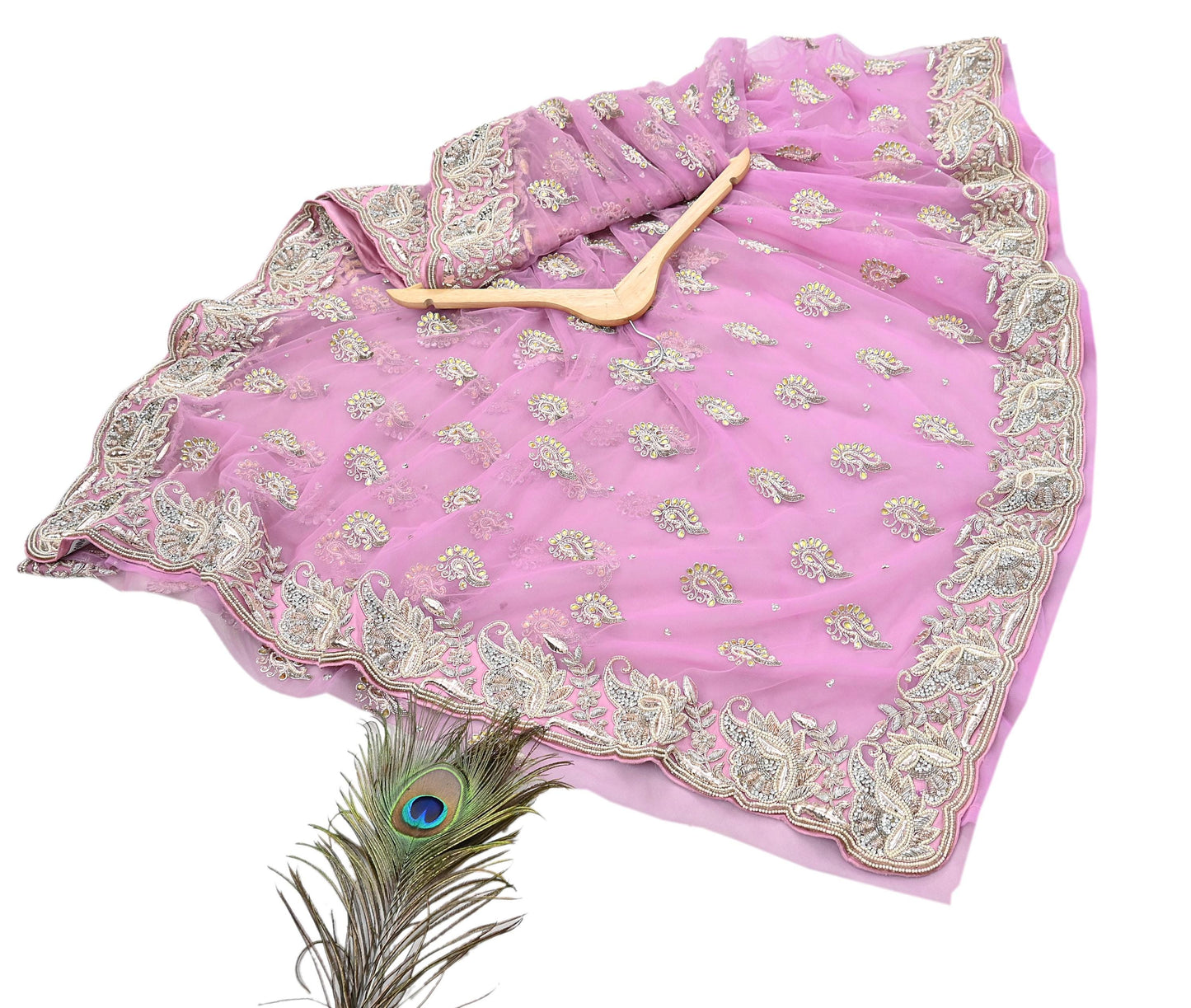 Indian Pre-owned Sari Pink Net/Mesh Hand Embroidered Anamika Khanna Designer Sarees Ethnic 6Yd Sewing  Zardozi/Dabka Zari Wedding Sarees